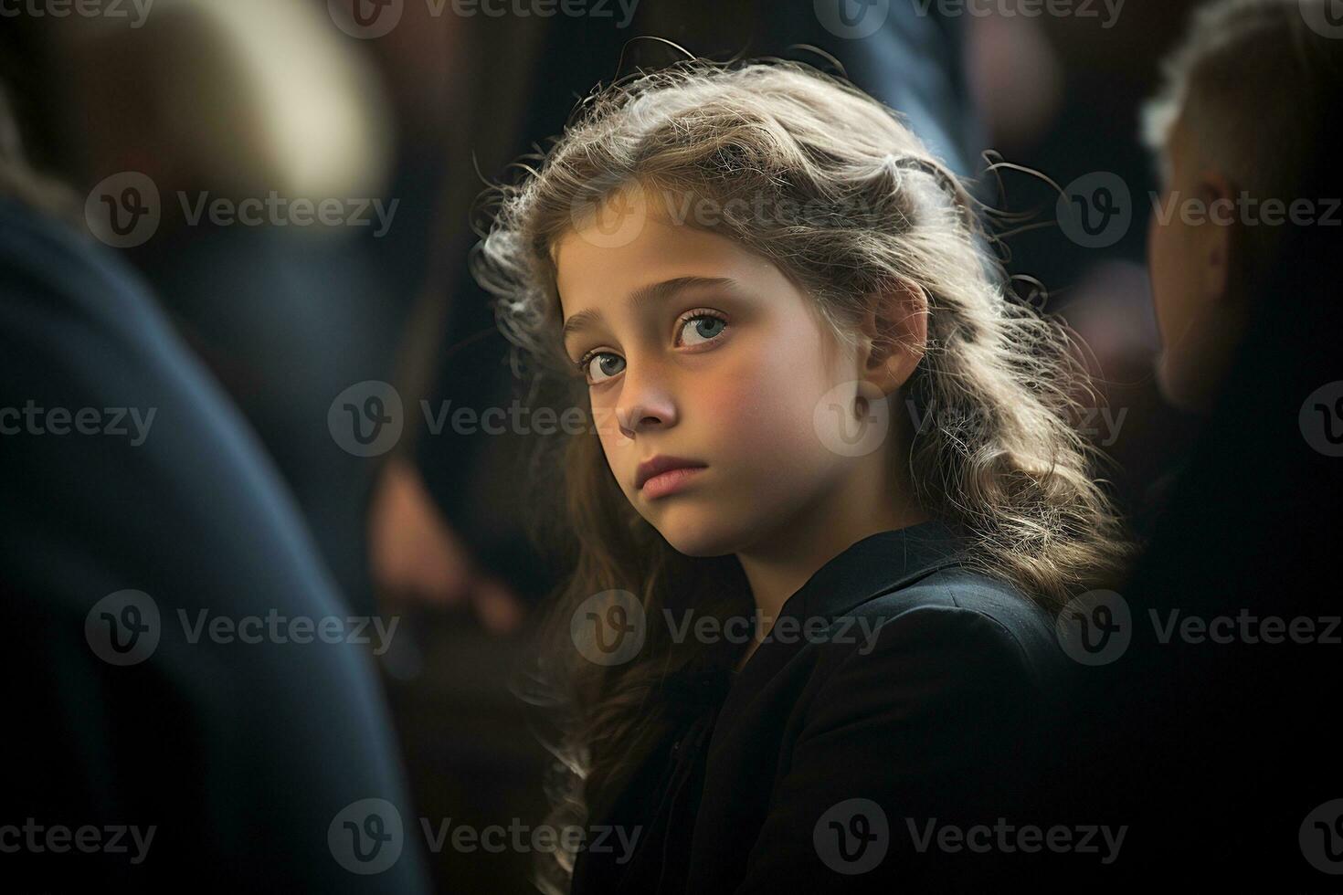 Portrait of a sad little girl on the background of the crowd.Funeral concept AI generated photo