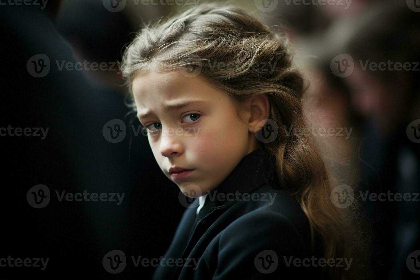 Portrait of a sad little girl on the background of the crowd.Funeral concept AI generated photo