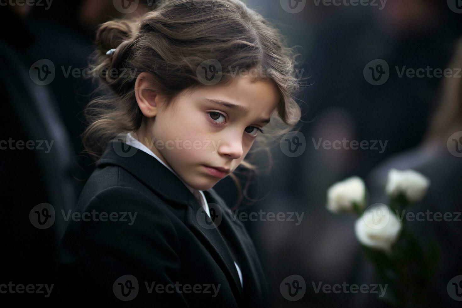 Portrait of a sad little girl on the background of the crowd.Funeral concept AI generated photo