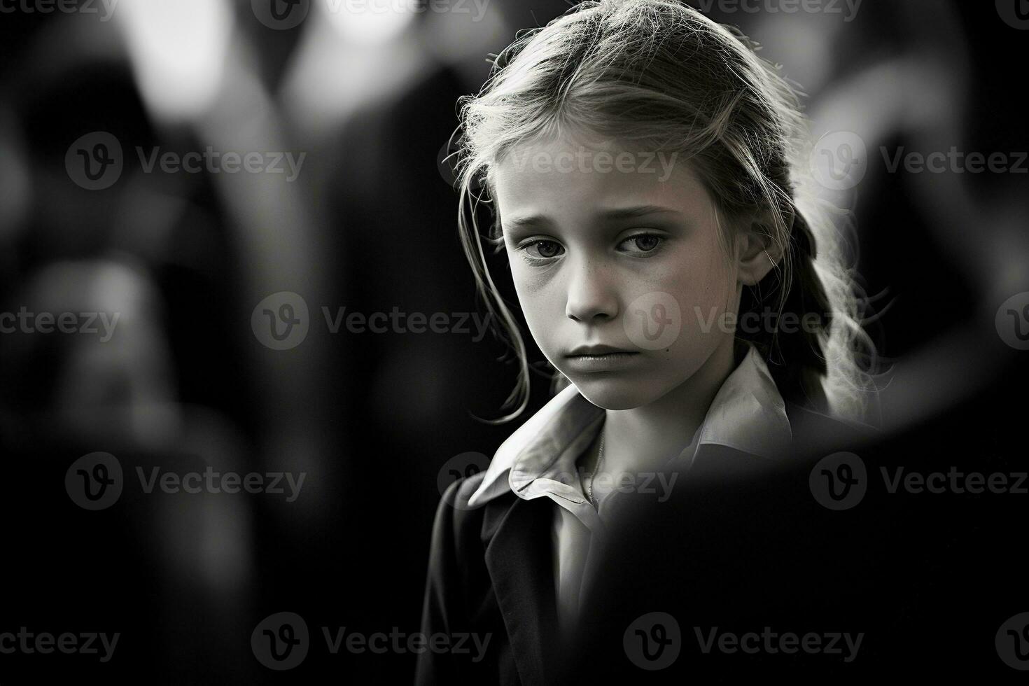 Portrait of a sad little girl on the background of the crowd.Funeral concept AI generated photo