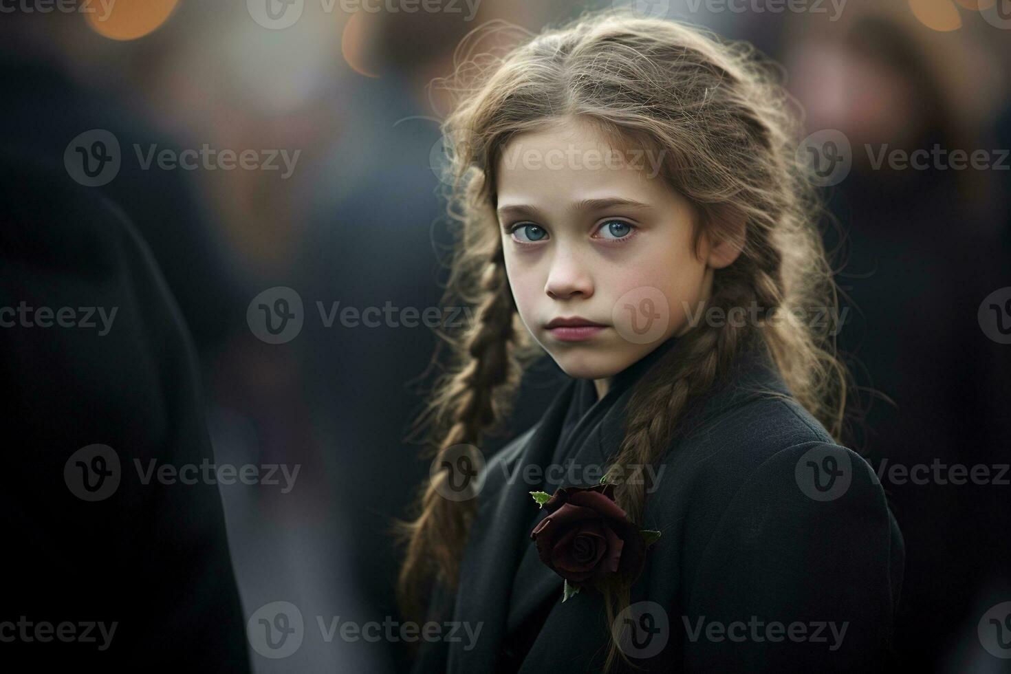 Portrait of a sad little girl on the background of the crowd.Funeral concept AI generated photo