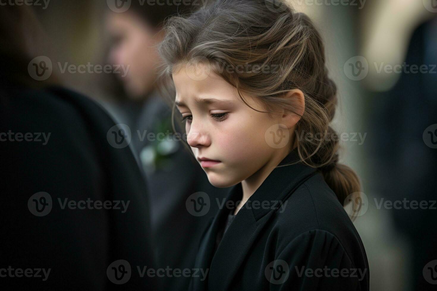 Portrait of a sad little girl on the background of the crowd.Funeral concept AI generated photo