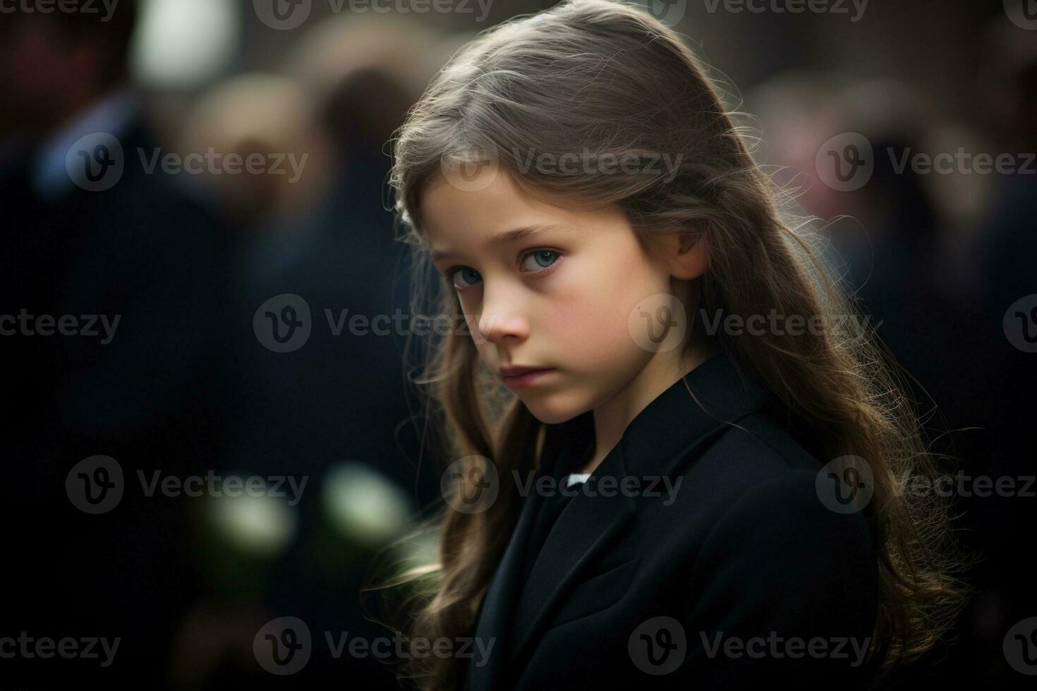 Portrait of a sad little girl on the background of the crowd.Funeral concept AI generated photo