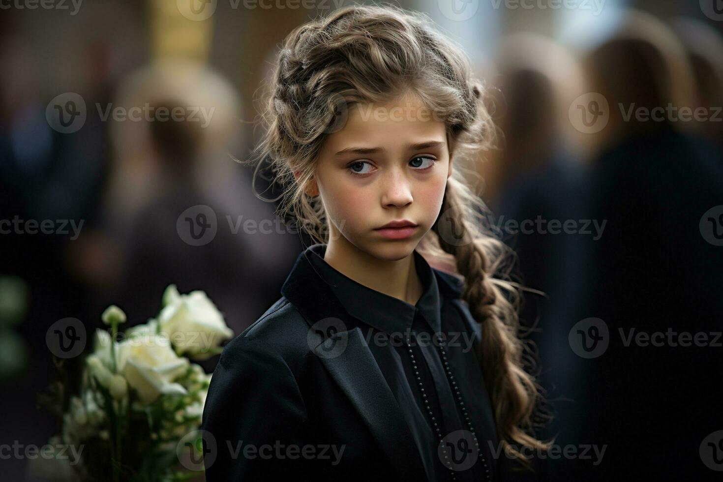 Portrait of a sad little girl on the background of the crowd.Funeral concept AI generated photo