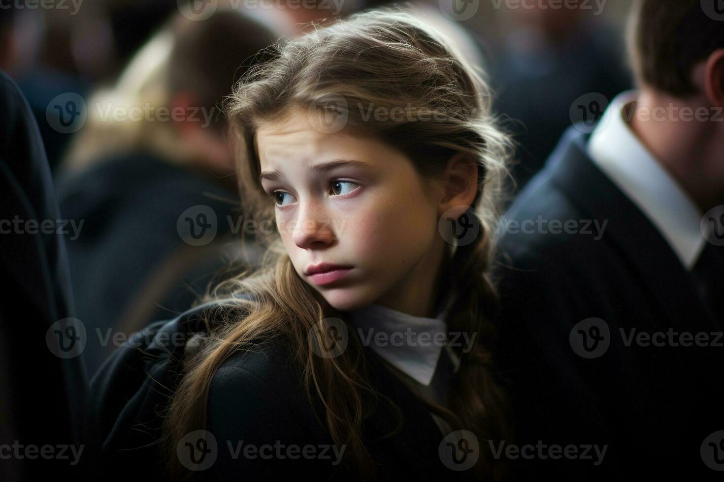 Portrait of a sad little girl on the background of the crowd.Funeral concept AI generated photo