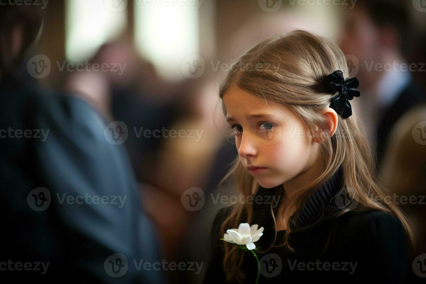 Portrait of a sad little girl on the background of the crowd.Funeral concept AI generated photo