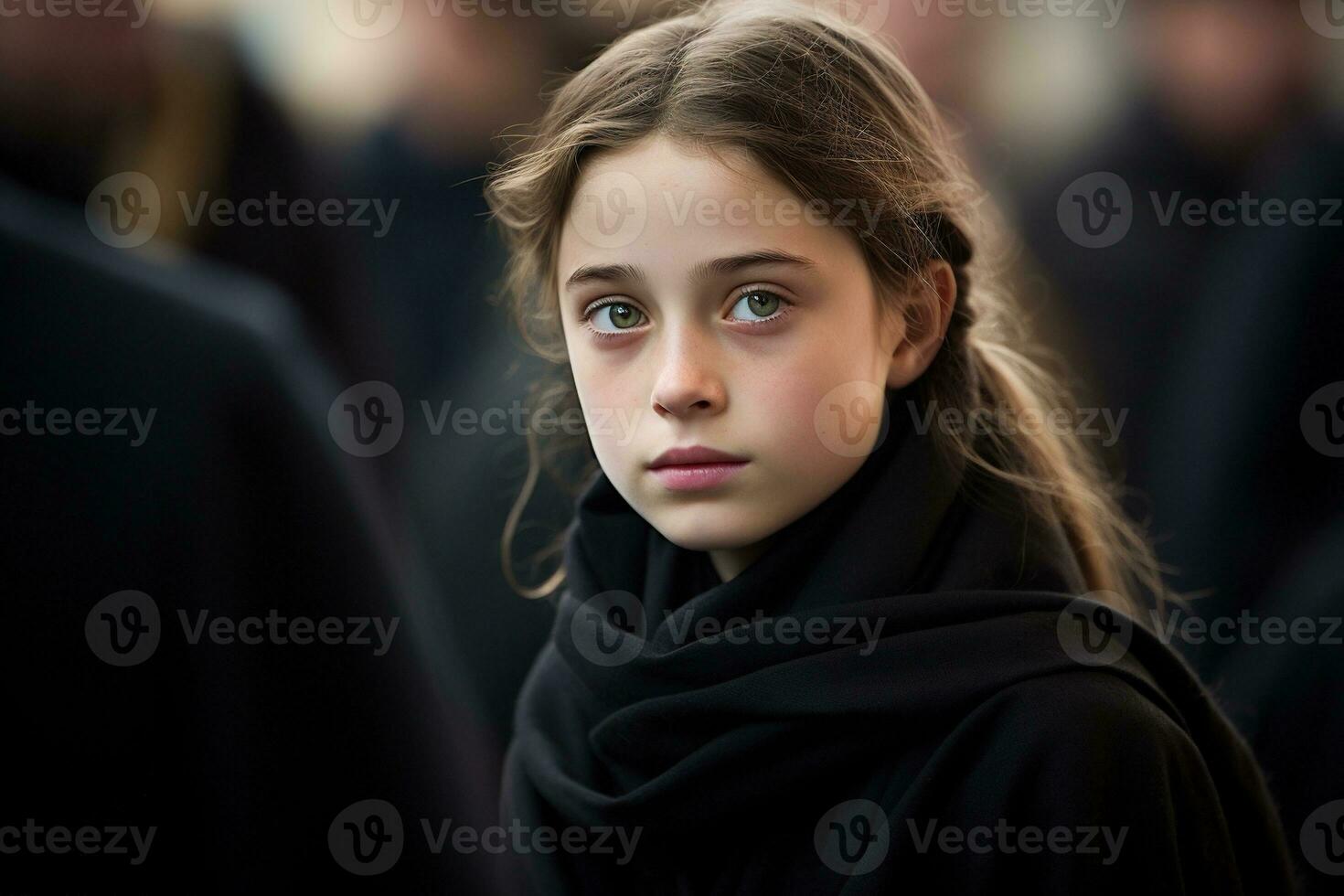 Portrait of a sad little girl on the background of the crowd.Funeral concept AI generated photo