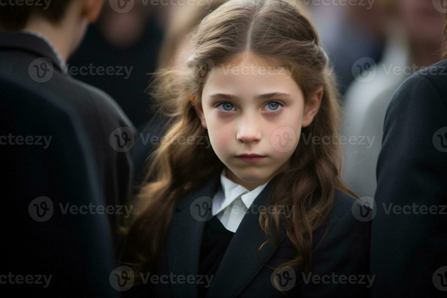 Portrait of a sad little girl on the background of the crowd.Funeral concept AI generated photo