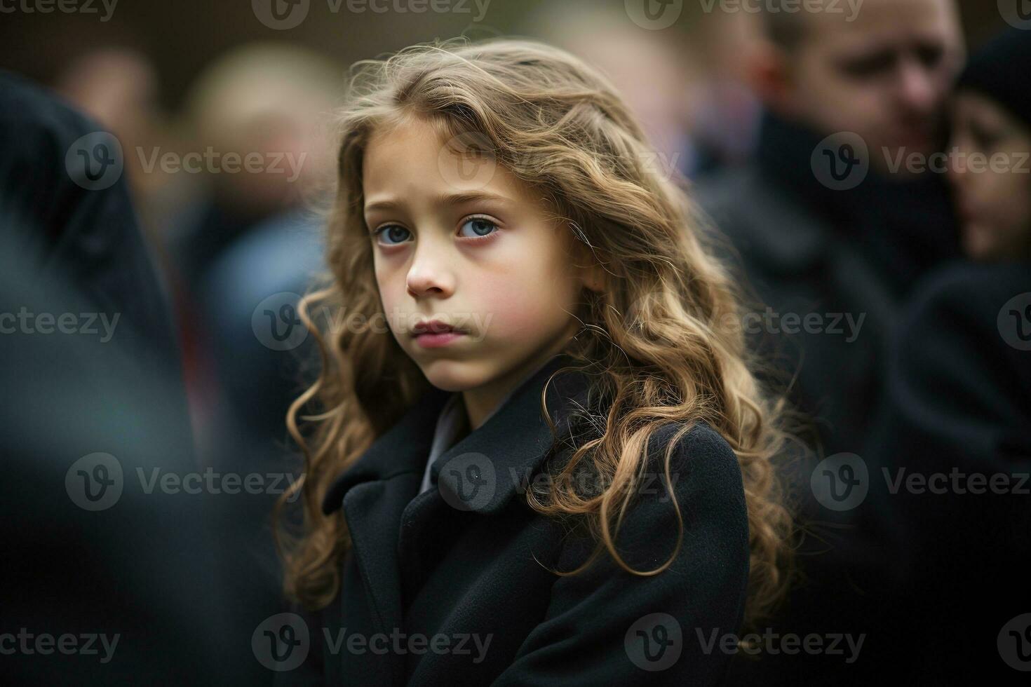 Portrait of a sad little girl on the background of the crowd.Funeral concept AI generated photo