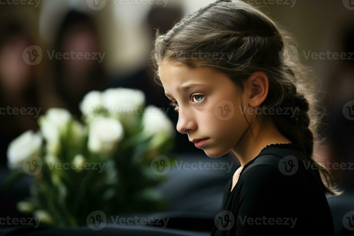Portrait of a sad little girl on the background of the crowd.Funeral concept AI generated photo