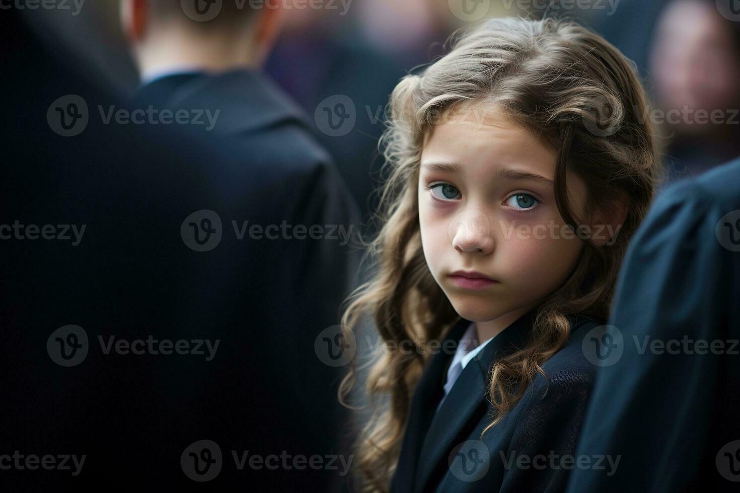 Portrait of a sad little girl on the background of the crowd.Funeral concept AI generated photo