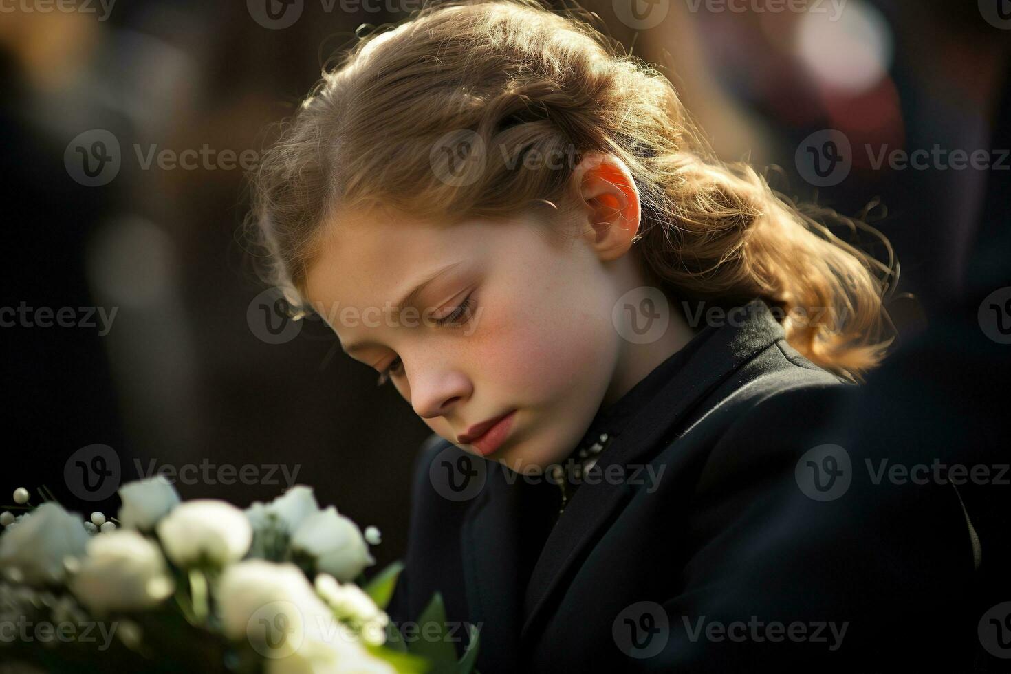 Portrait of a sad little girl on the background of the crowd.Funeral concept AI generated photo