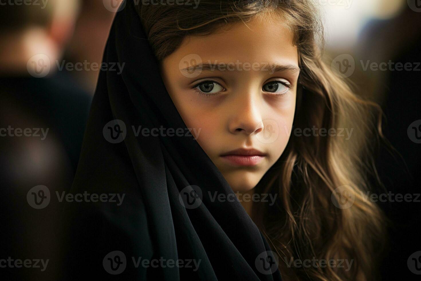 Portrait of a sad little girl on the background of the crowd.Funeral concept AI generated photo