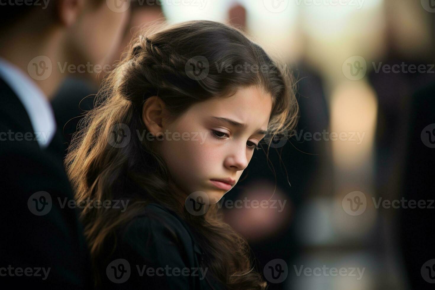 Portrait of a sad little girl on the background of the crowd.Funeral concept AI generated photo