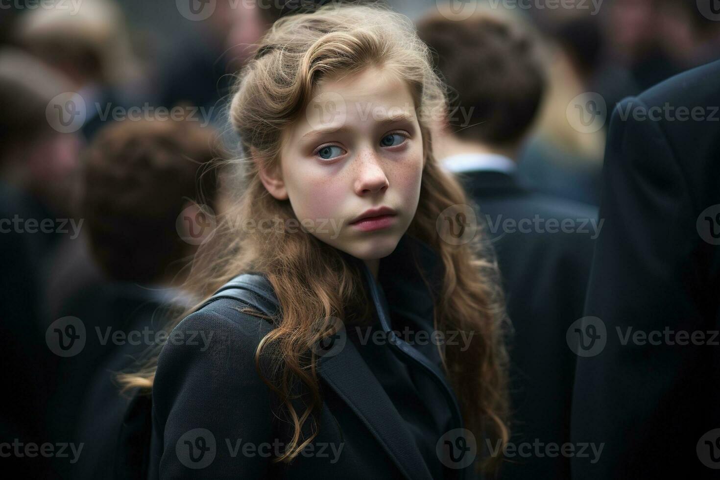 Portrait of a sad little girl on the background of the crowd.Funeral concept AI generated photo