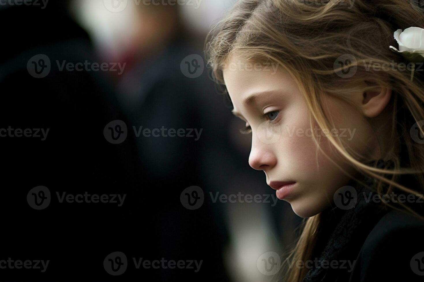 Portrait of a sad little girl on the background of the crowd.Funeral concept AI generated photo