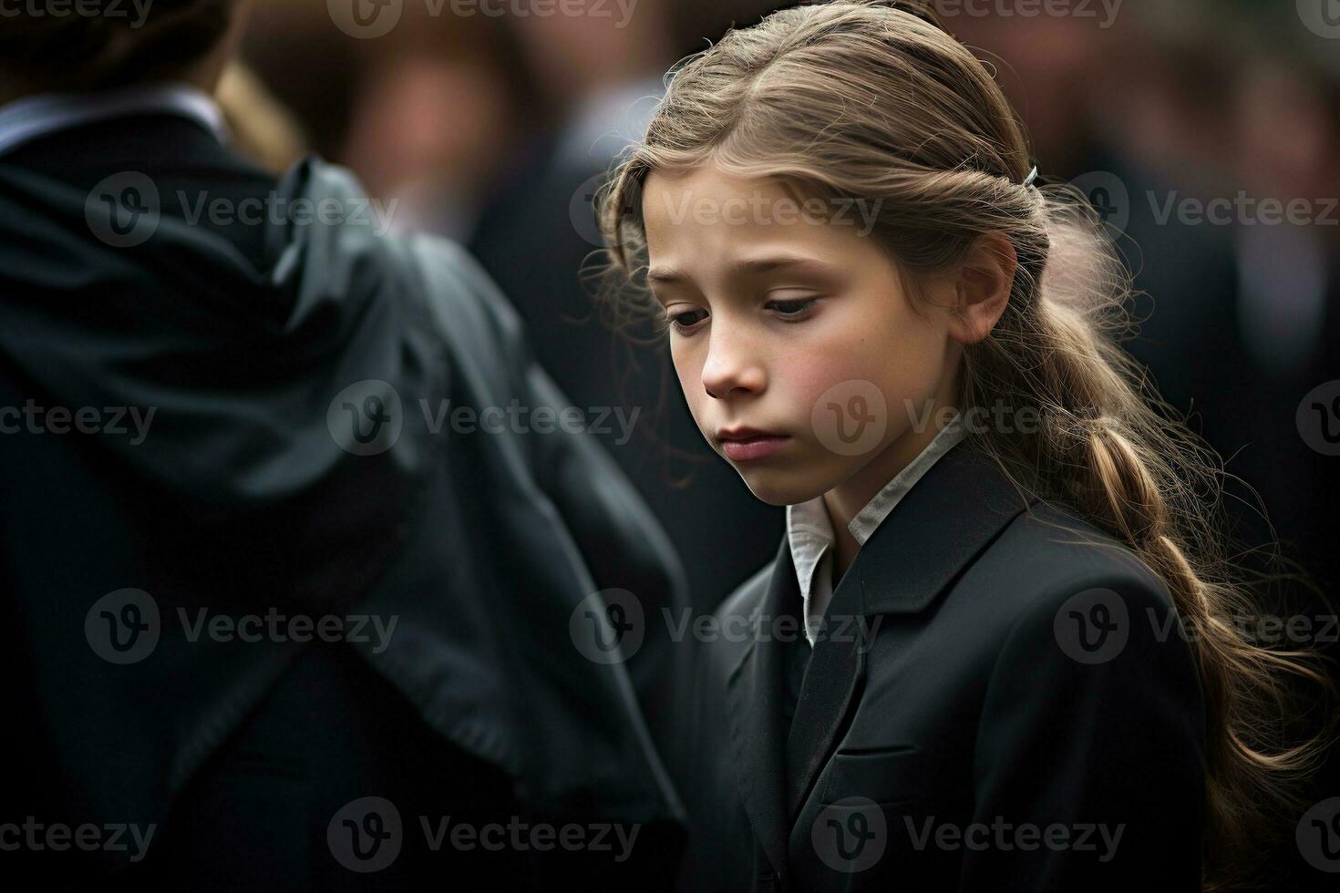 Portrait of a sad little girl on the background of the crowd.Funeral concept AI generated photo