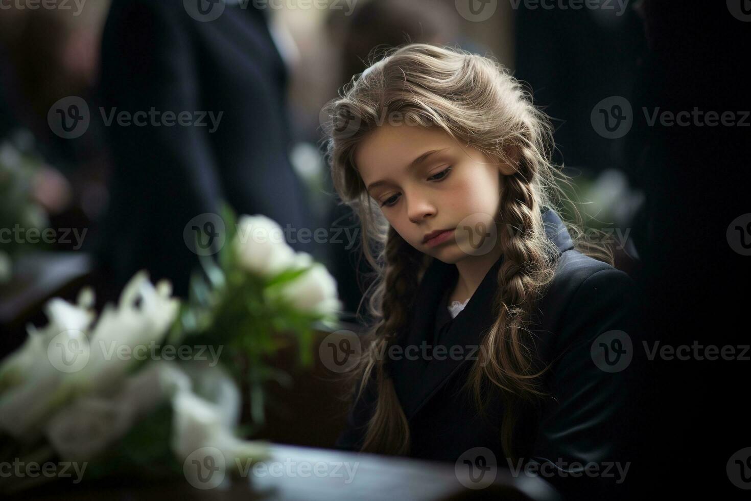 Portrait of a sad little girl on the background of the crowd.Funeral concept AI generated photo