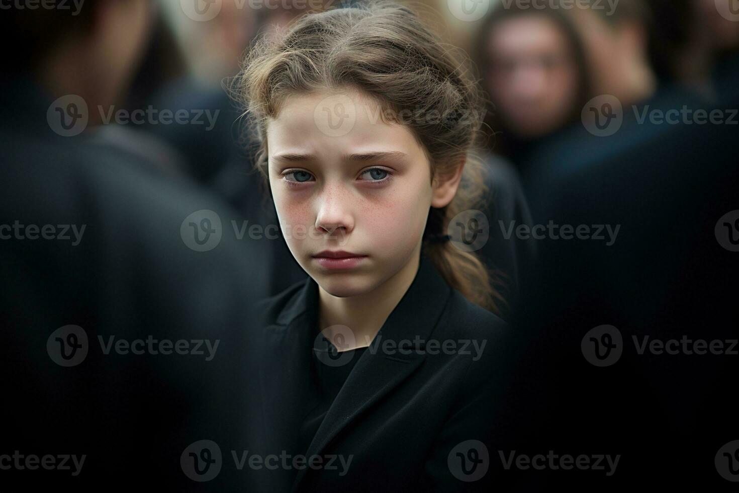Portrait of a sad little girl on the background of the crowd.Funeral concept AI generated photo