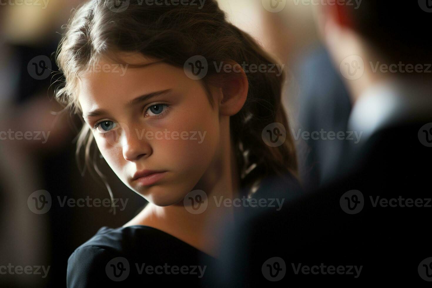 Portrait of a sad little girl on the background of the crowd.Funeral concept AI generated photo