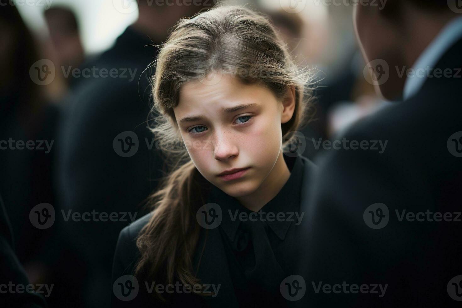 Portrait of a sad little girl on the background of the crowd.Funeral concept AI generated photo