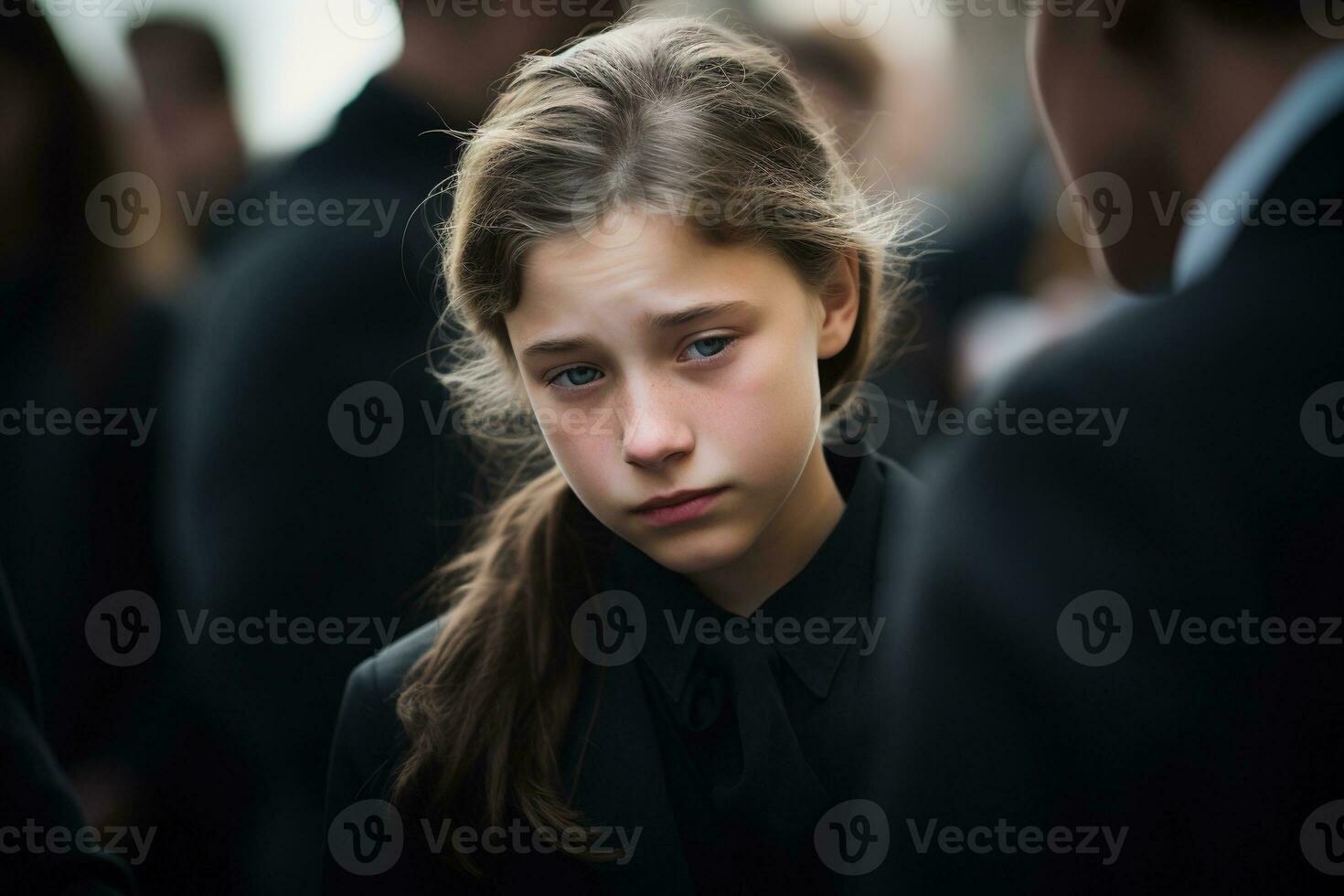 retrato de un triste pequeño niña en el antecedentes de el multitud.funeral concepto ai generado foto