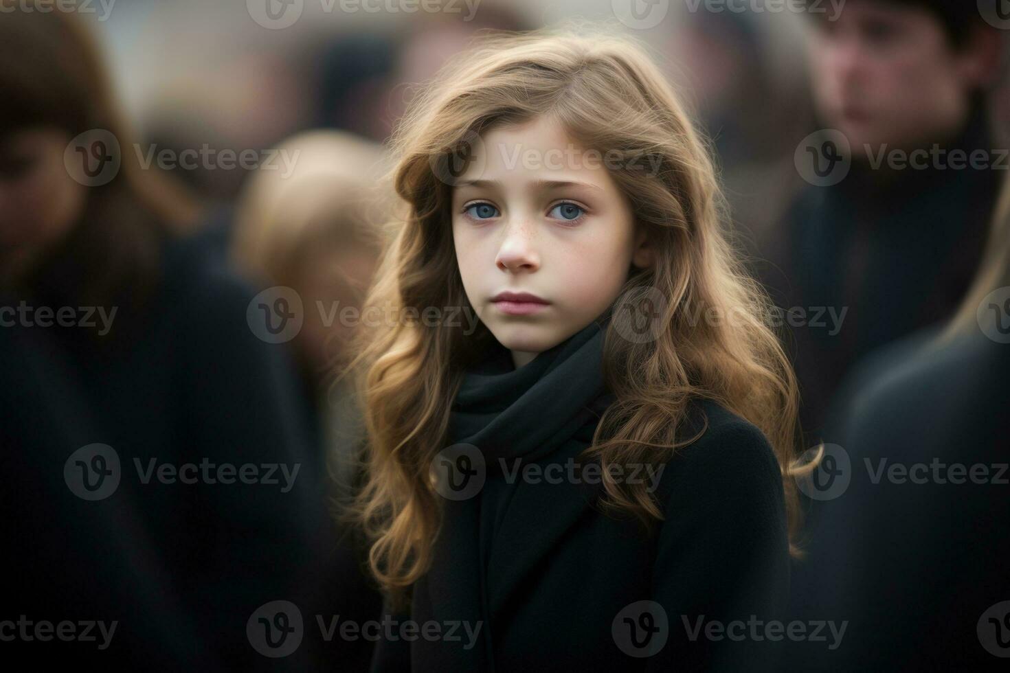 Portrait of a sad little girl on the background of the crowd.Funeral concept AI generated photo
