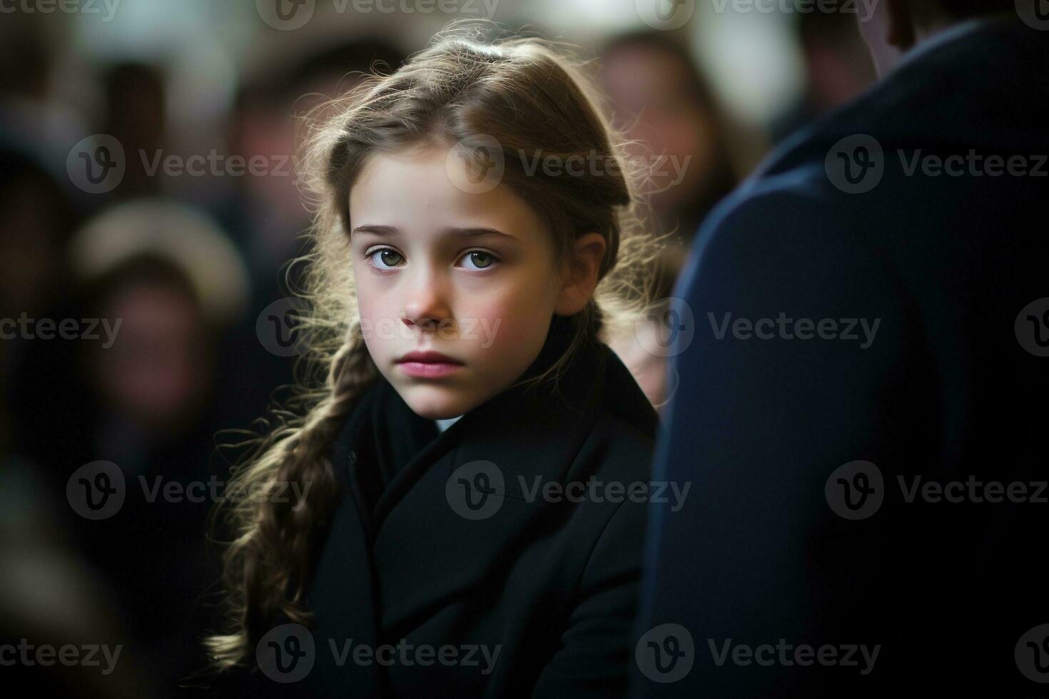 Portrait of a sad little girl on the background of the crowd.Funeral concept AI generated photo