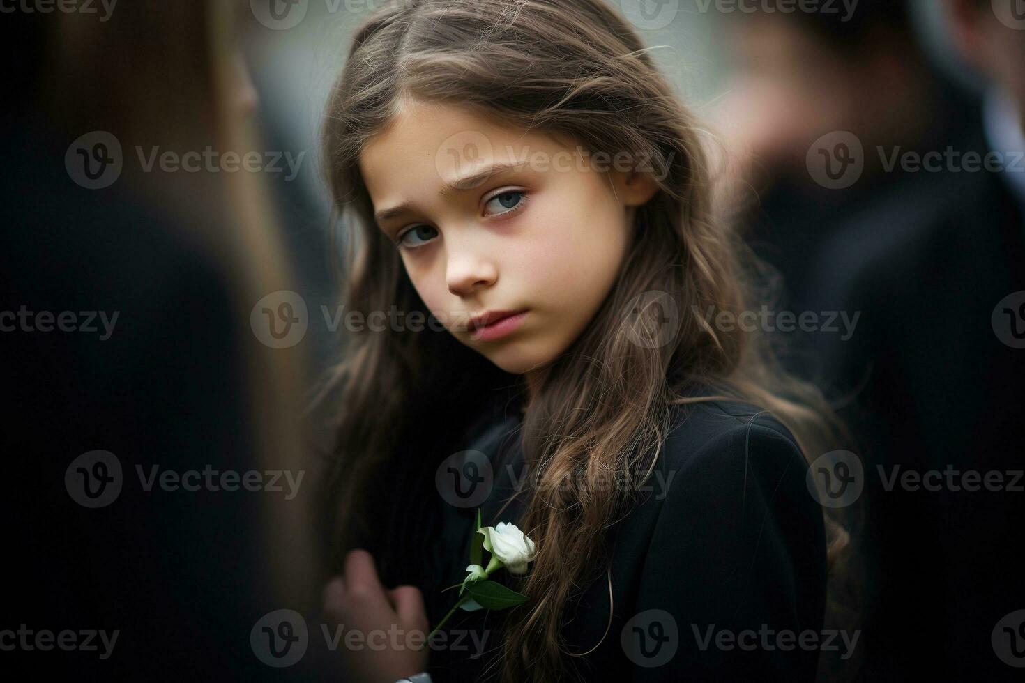 Portrait of a sad little girl on the background of the crowd.Funeral concept AI generated photo