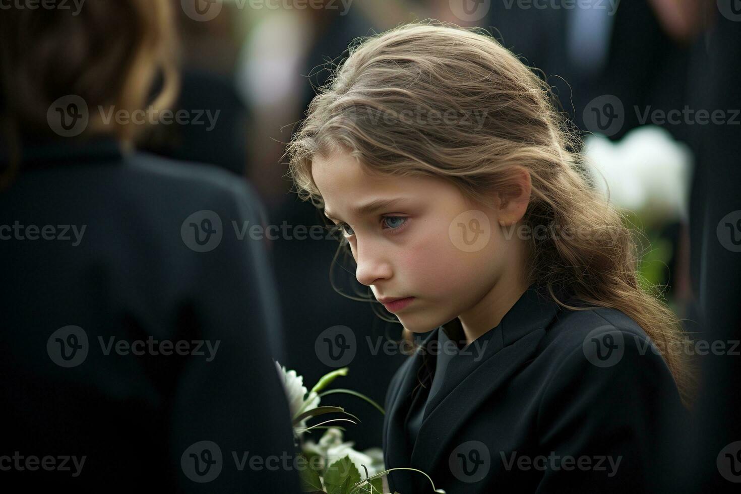 Portrait of a sad little girl on the background of the crowd.Funeral concept AI generated photo