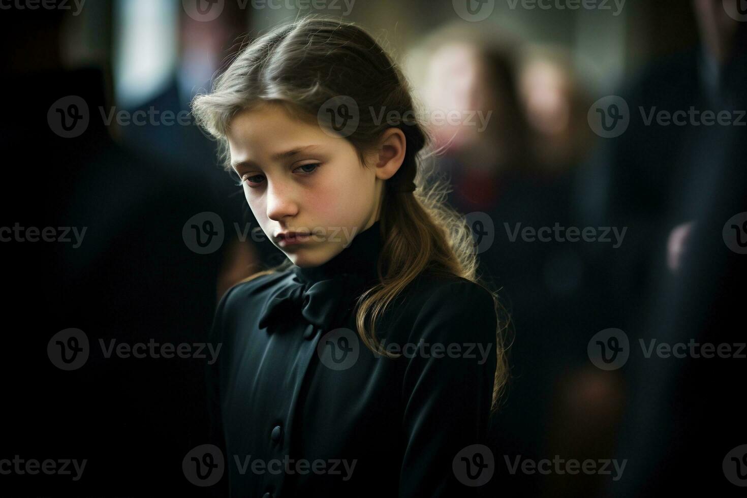 Portrait of a sad little girl on the background of the crowd.Funeral concept AI generated photo