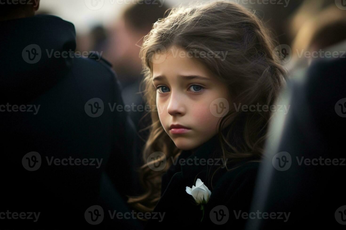 retrato de un triste pequeño niña en el antecedentes de el multitud.funeral concepto ai generado foto