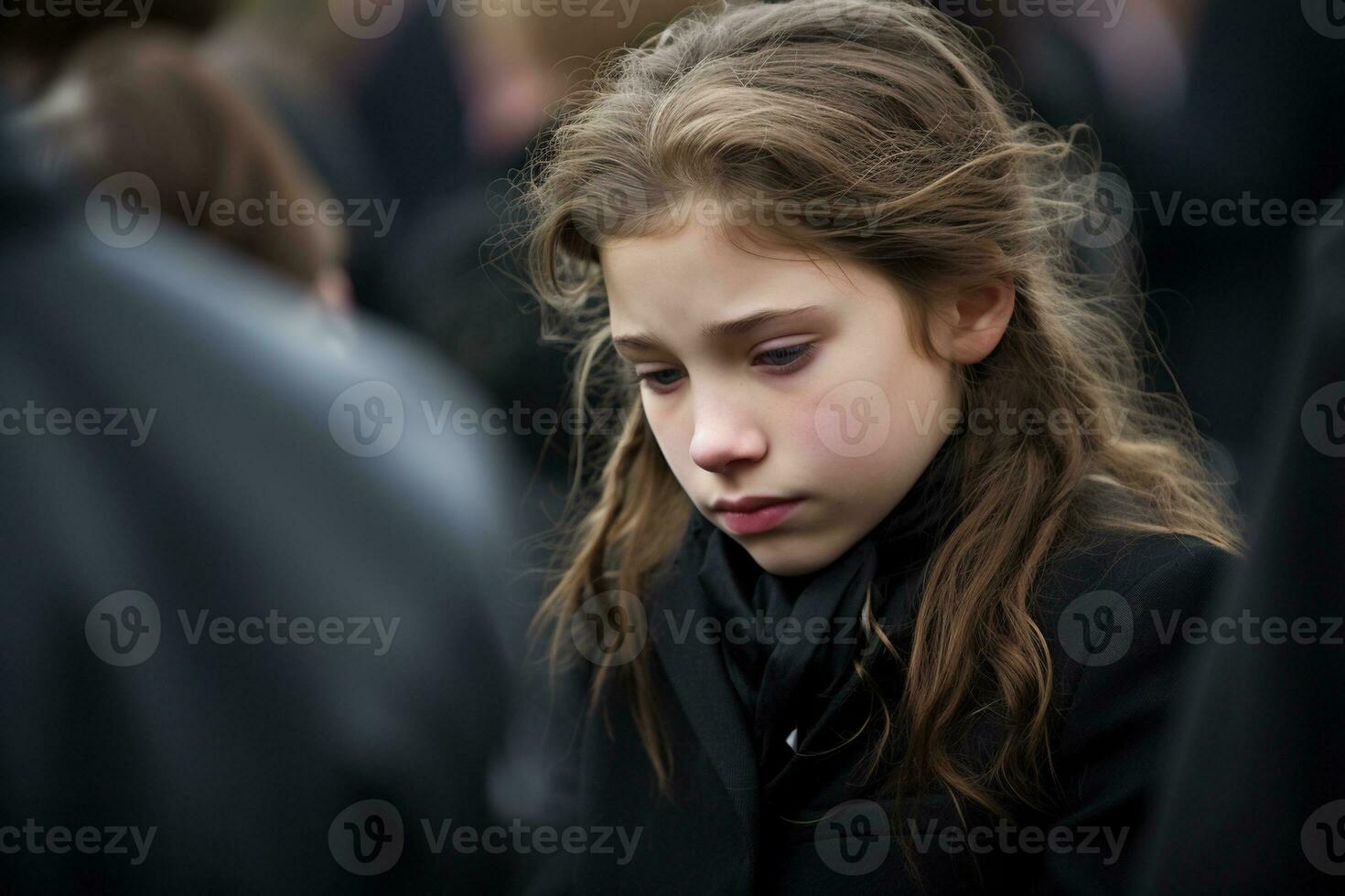 Portrait of a sad little girl on the background of the crowd.Funeral concept AI generated photo