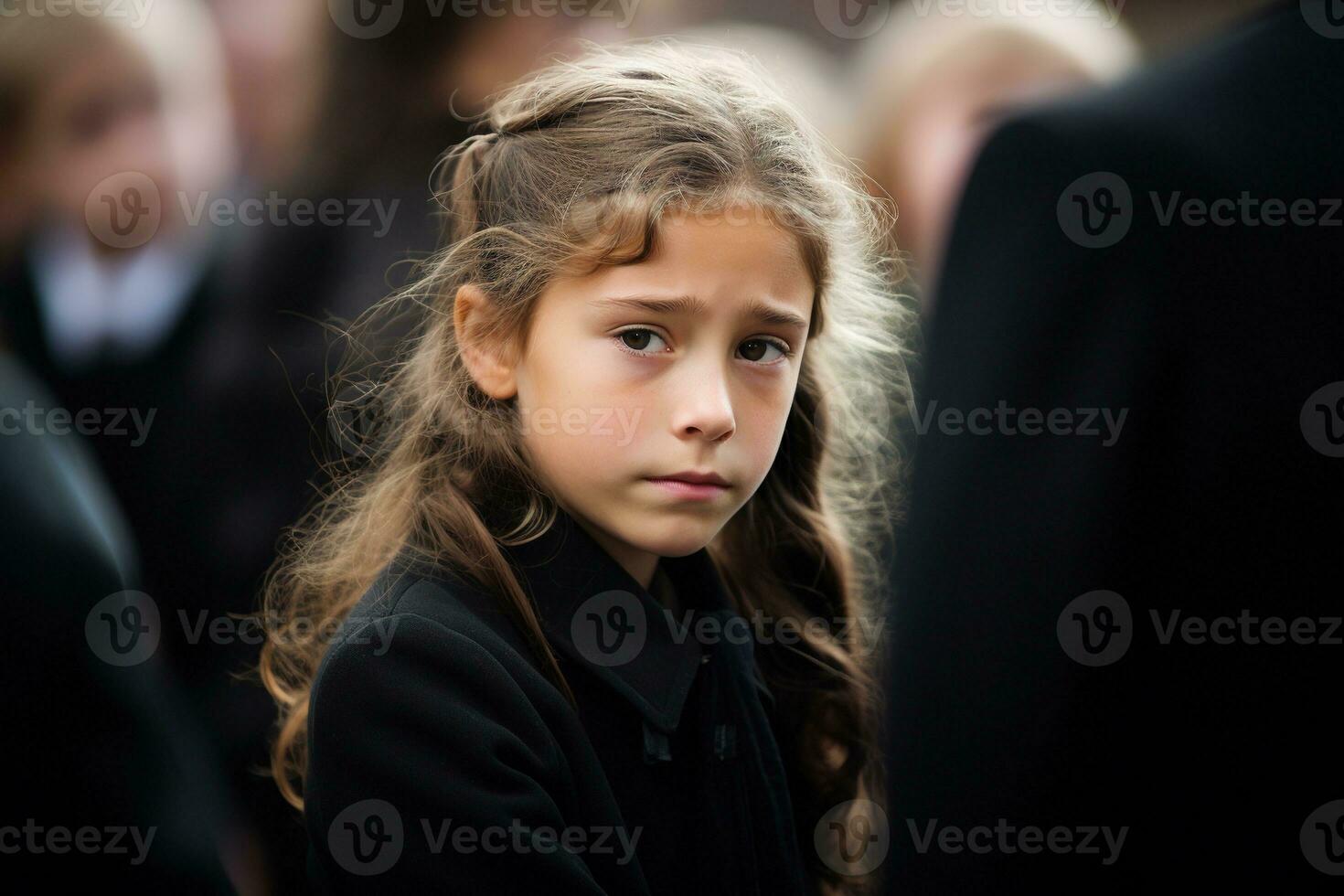 Portrait of a sad little girl on the background of the crowd.Funeral concept AI generated photo
