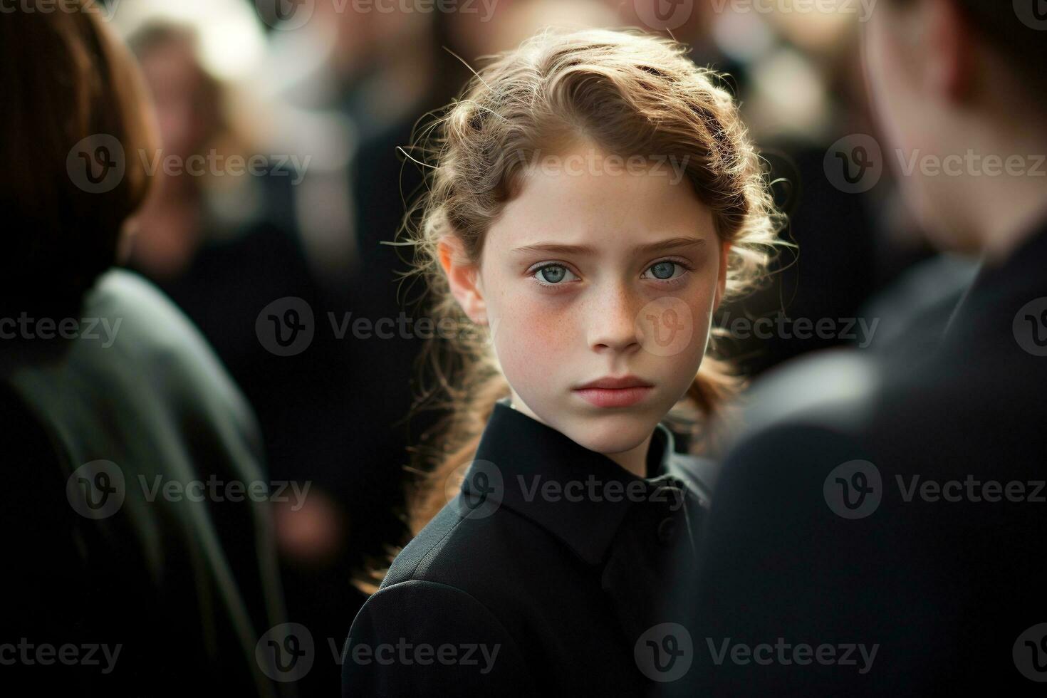 Portrait of a sad little girl on the background of the crowd.Funeral concept AI generated photo