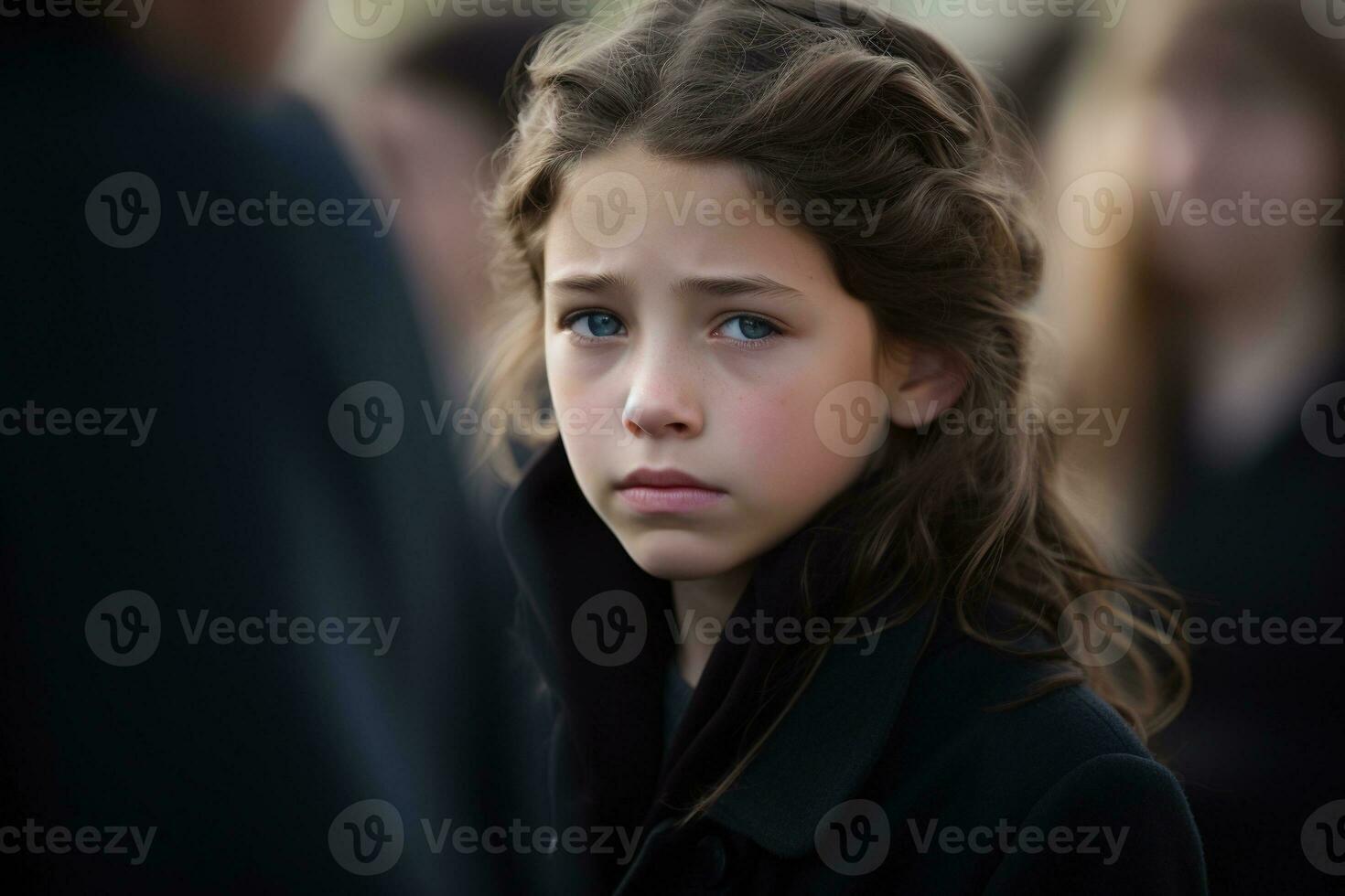 Portrait of a sad little girl on the background of the crowd.Funeral concept AI generated photo