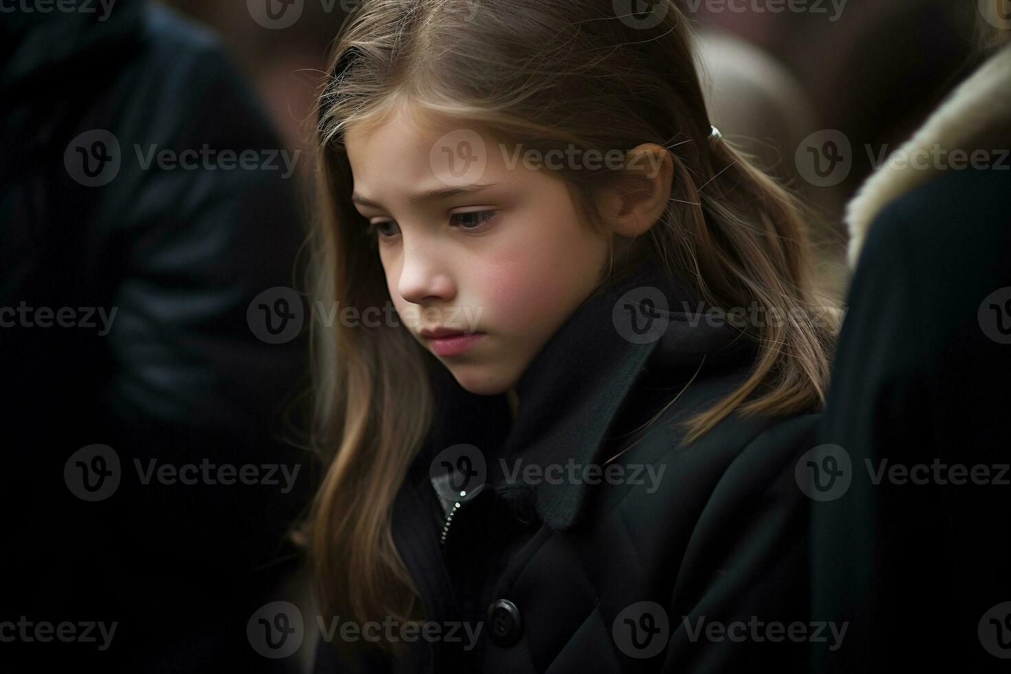 Portrait of a sad little girl on the background of the crowd.Funeral concept AI generated photo