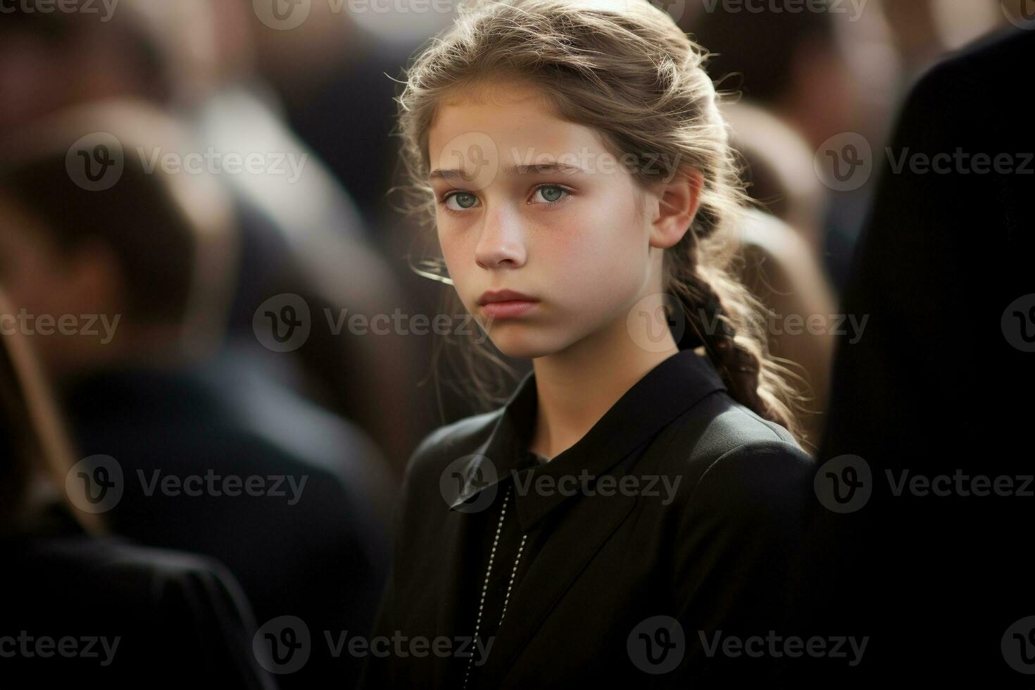 Portrait of a sad little girl on the background of the crowd.Funeral concept AI generated photo