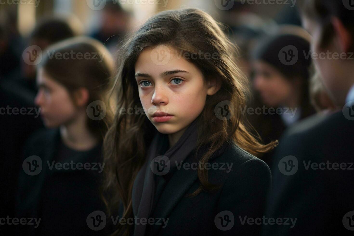 Portrait of a sad little girl on the background of the crowd.Funeral concept AI generated photo