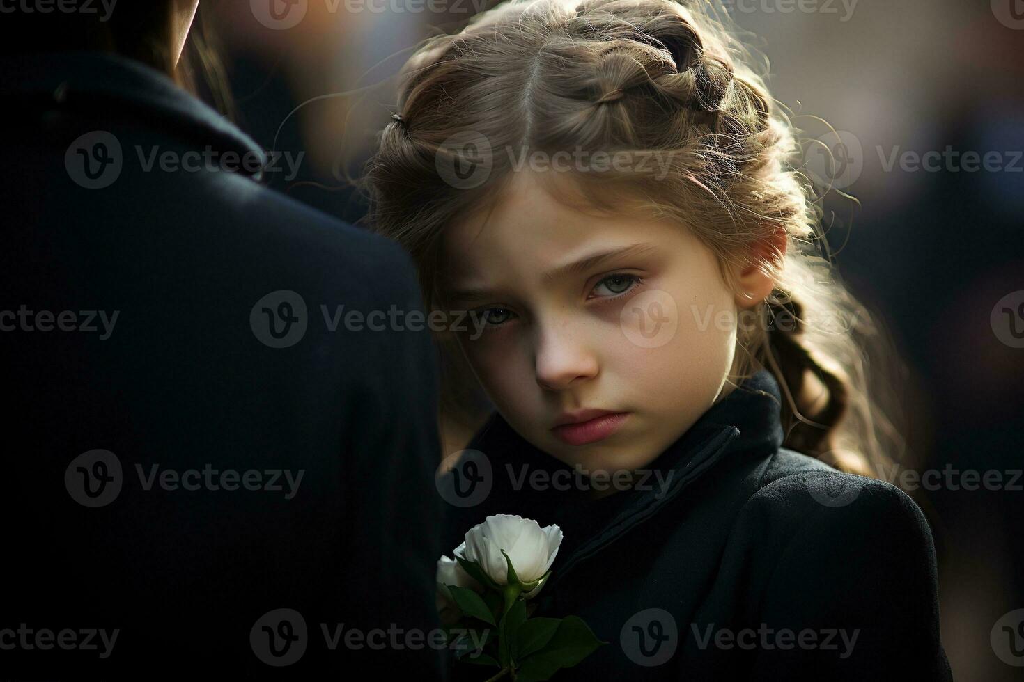 Portrait of a sad little girl on the background of the crowd.Funeral concept AI generated photo