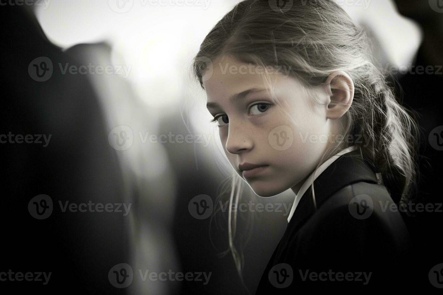 Portrait of a sad little girl on the background of the crowd.Funeral concept AI generated photo