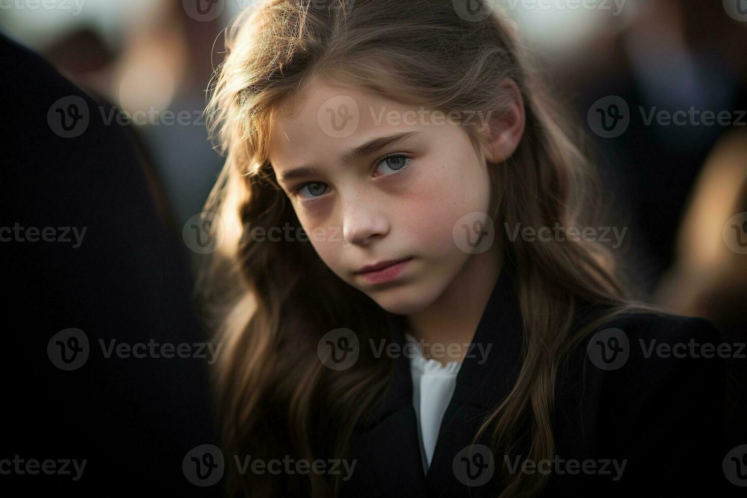 Portrait of a sad little girl on the background of the crowd.Funeral concept AI generated photo