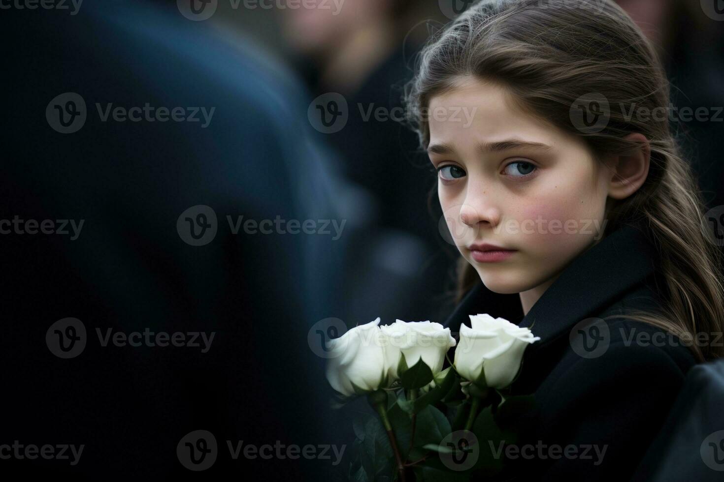 retrato de un triste pequeño niña en el antecedentes de el multitud.funeral concepto ai generado foto