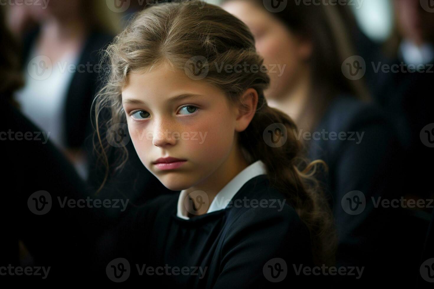 Portrait of a sad little girl on the background of the crowd.Funeral concept AI generated photo