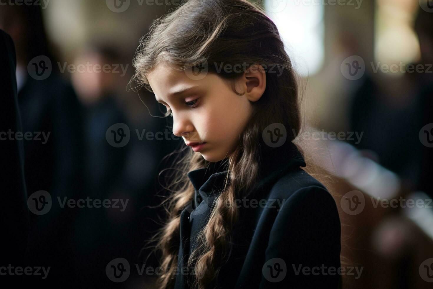 Portrait of a sad little girl on the background of the crowd.Funeral concept AI generated photo