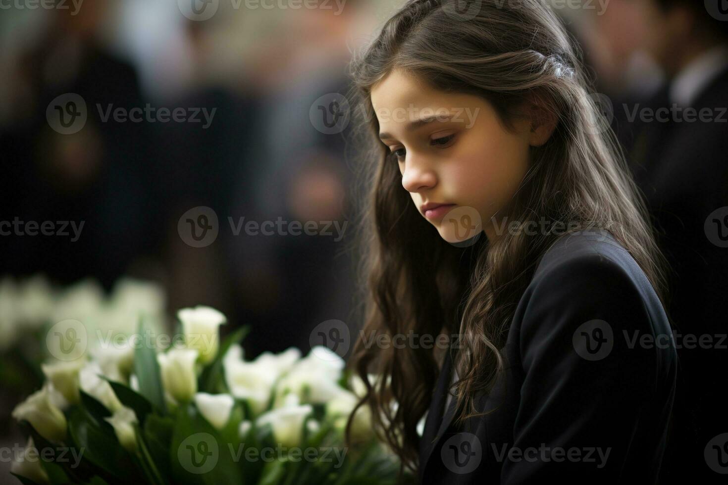 Portrait of a sad little girl on the background of the crowd.Funeral concept AI generated photo