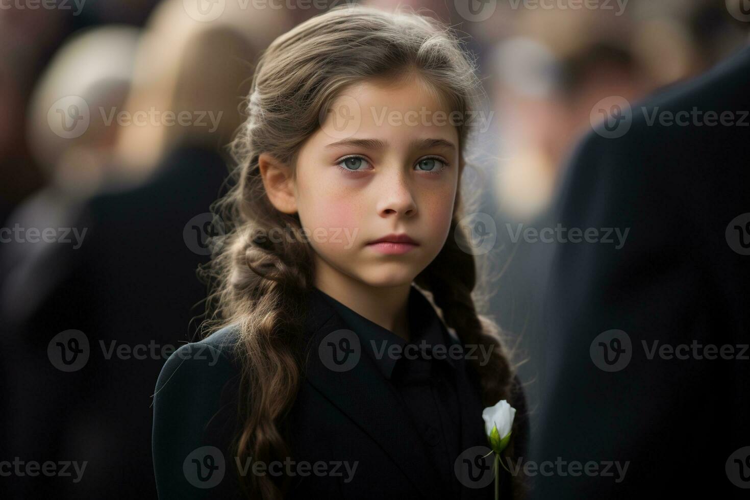 Portrait of a sad little girl on the background of the crowd.Funeral concept AI generated photo