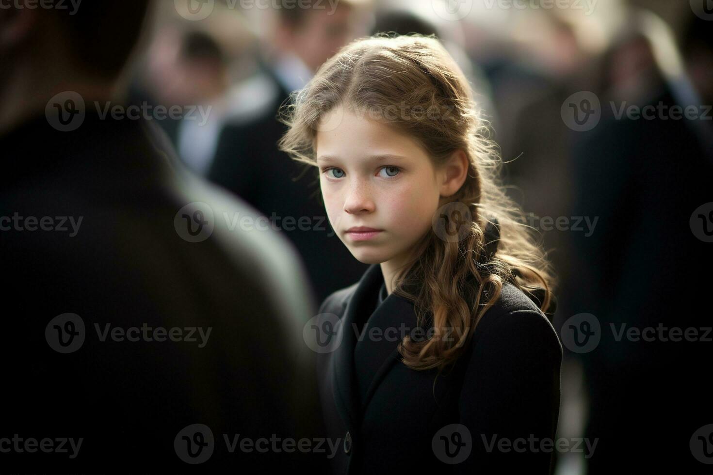 Portrait of a sad little girl on the background of the crowd.Funeral concept AI generated photo