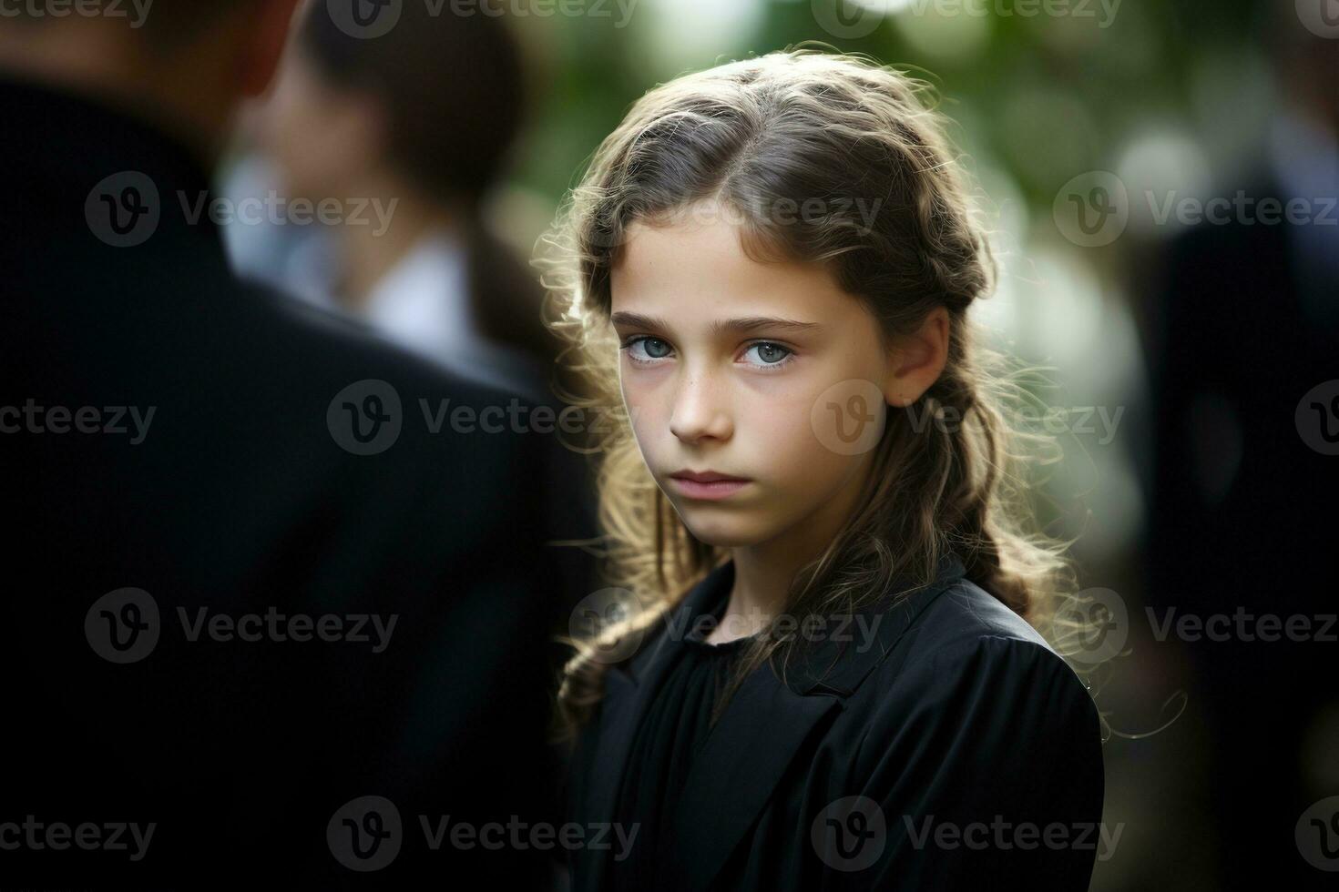 Portrait of a sad little girl on the background of the crowd.Funeral concept AI generated photo
