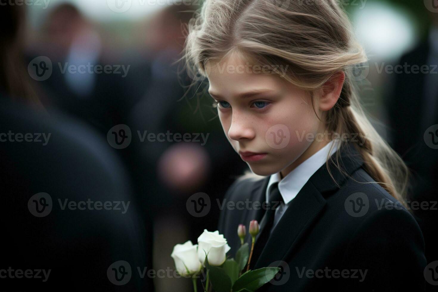 Portrait of a sad little girl on the background of the crowd.Funeral concept AI generated photo